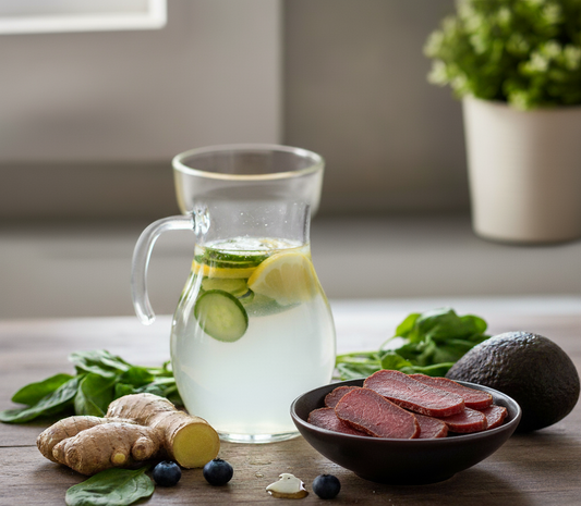 ginger,water pitcher, fresh leaves, biltong