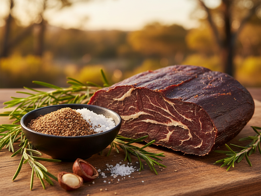 A vibrant, high-quality, photograph of a piece of lean kangaroo meat next to a small dish of raw Australian native ingredients (like wattleseed or saltbush), reinforcing its natural, wild origins.