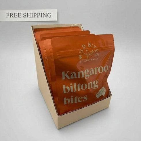 A packaged classic kangaroo biltong product on a light gray background, with 'FREE SHIPPING' labels in the top-left of the panel. 