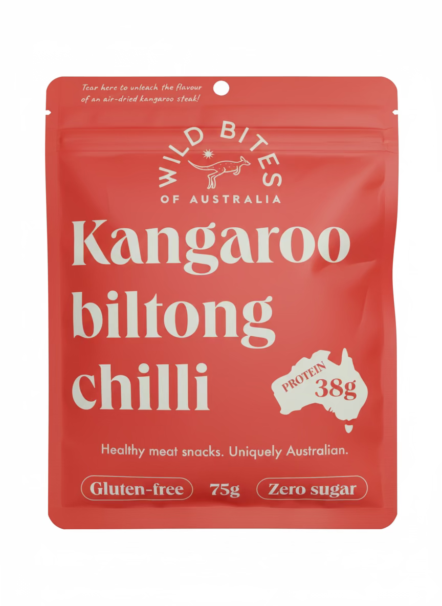 Red package of Wild Bites of Australia Kangaroo Biltong Chilli on a white backdrop