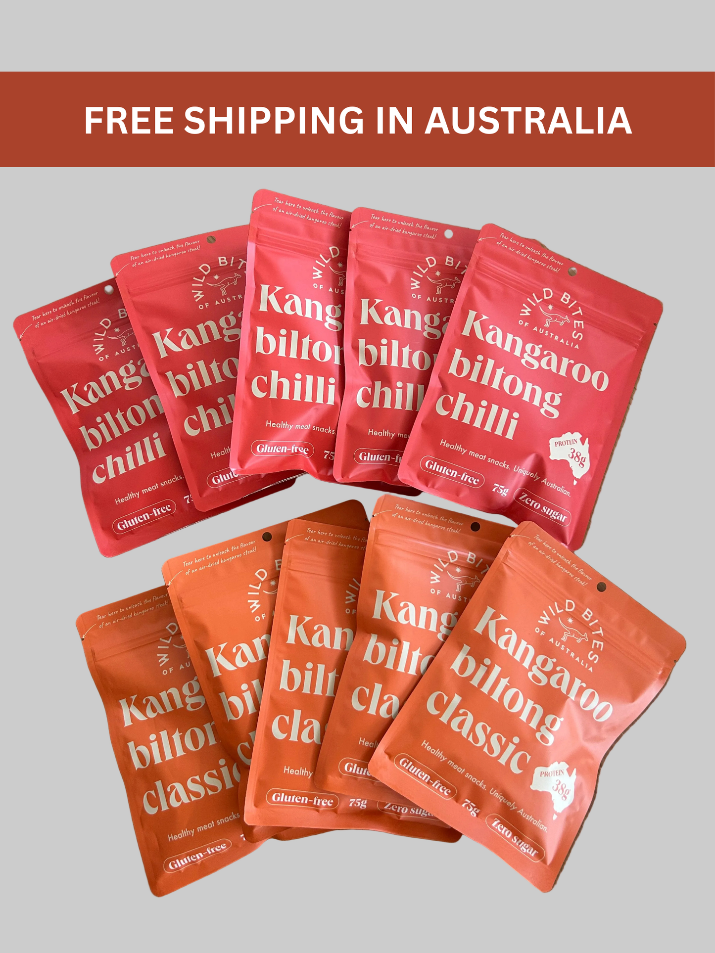 10 MIX: 5 CLASSIC & 5 CHILLI Wild Bites kangaroo biltong 75g
