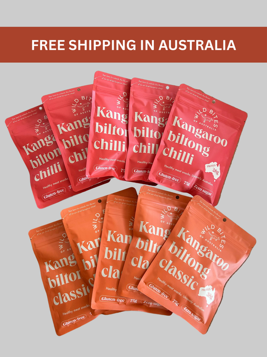 10 MIX: 5 CLASSIC & 5 CHILLI Wild Bites kangaroo biltong 75g