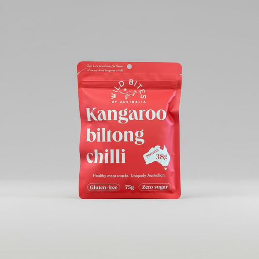 Red package of Wild Bites of Australia Kangaroo Biltong Chilli 75g
