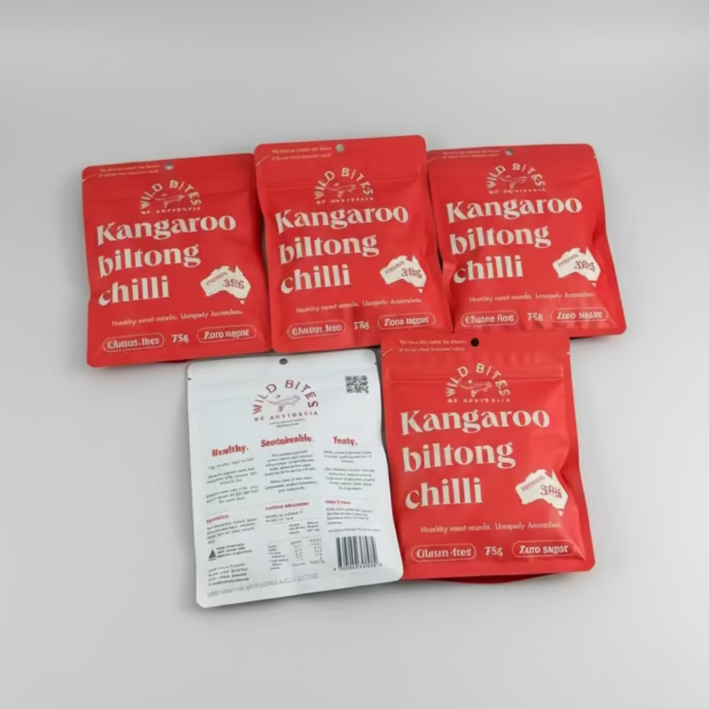Five red packets of Kangaroo Biltong Chilli 75g