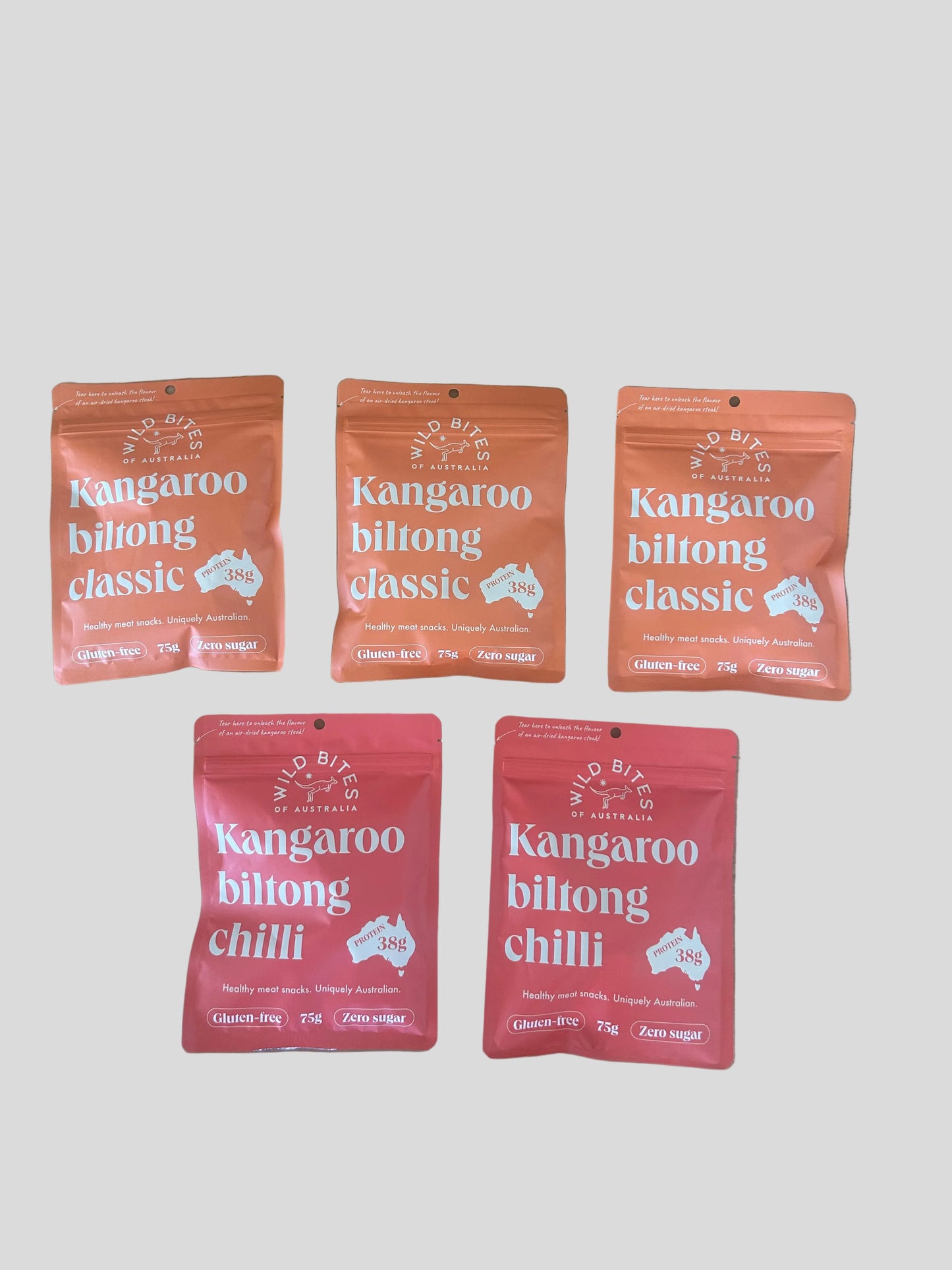 5 MIX: 3 CLASSIC & 2 CHILLI Wild Bites kangaroo biltong 75g