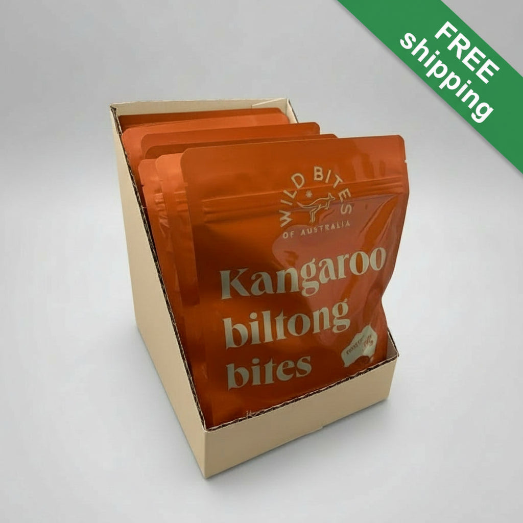 FREE shipping Box of 10 Wild Bites Kangaroo biltong bites on a gray background