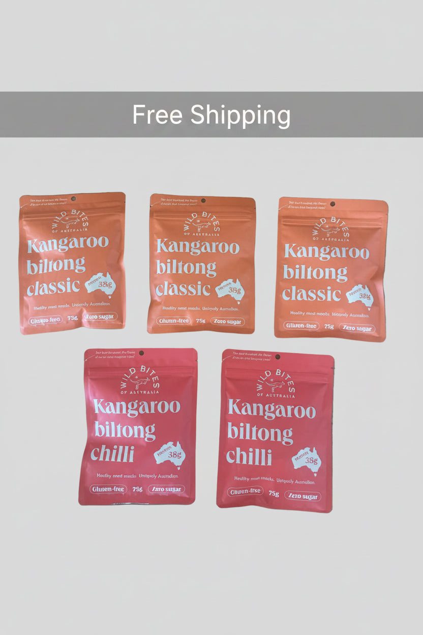5 MIX: 3 CLASSIC & 2 CHILLI Wild Bites kangaroo biltong 75g