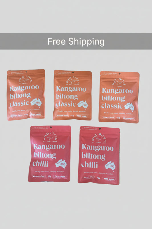 5 MIX: 3 CLASSIC & 2 CHILLI Wild Bites kangaroo biltong 75g