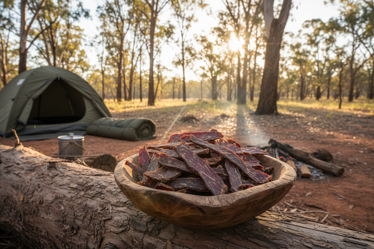I want a bowl of biltong in a camping setting in the australian bush